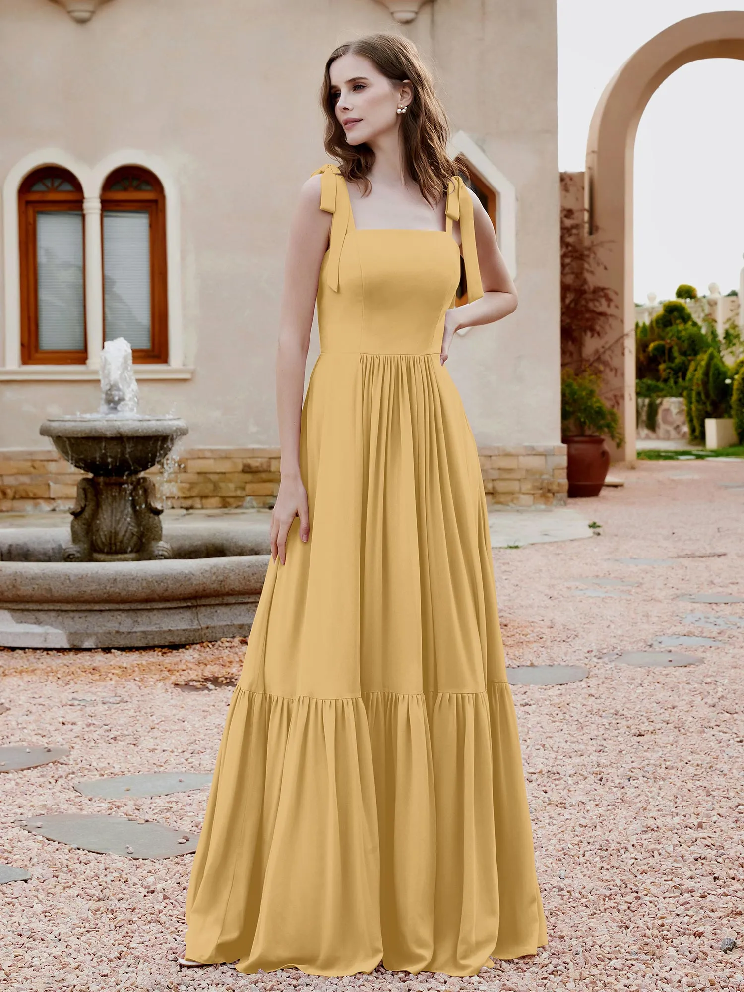 A-Line Bow Ruffle Sleeveless Chiffon Dress Gold Plus Size