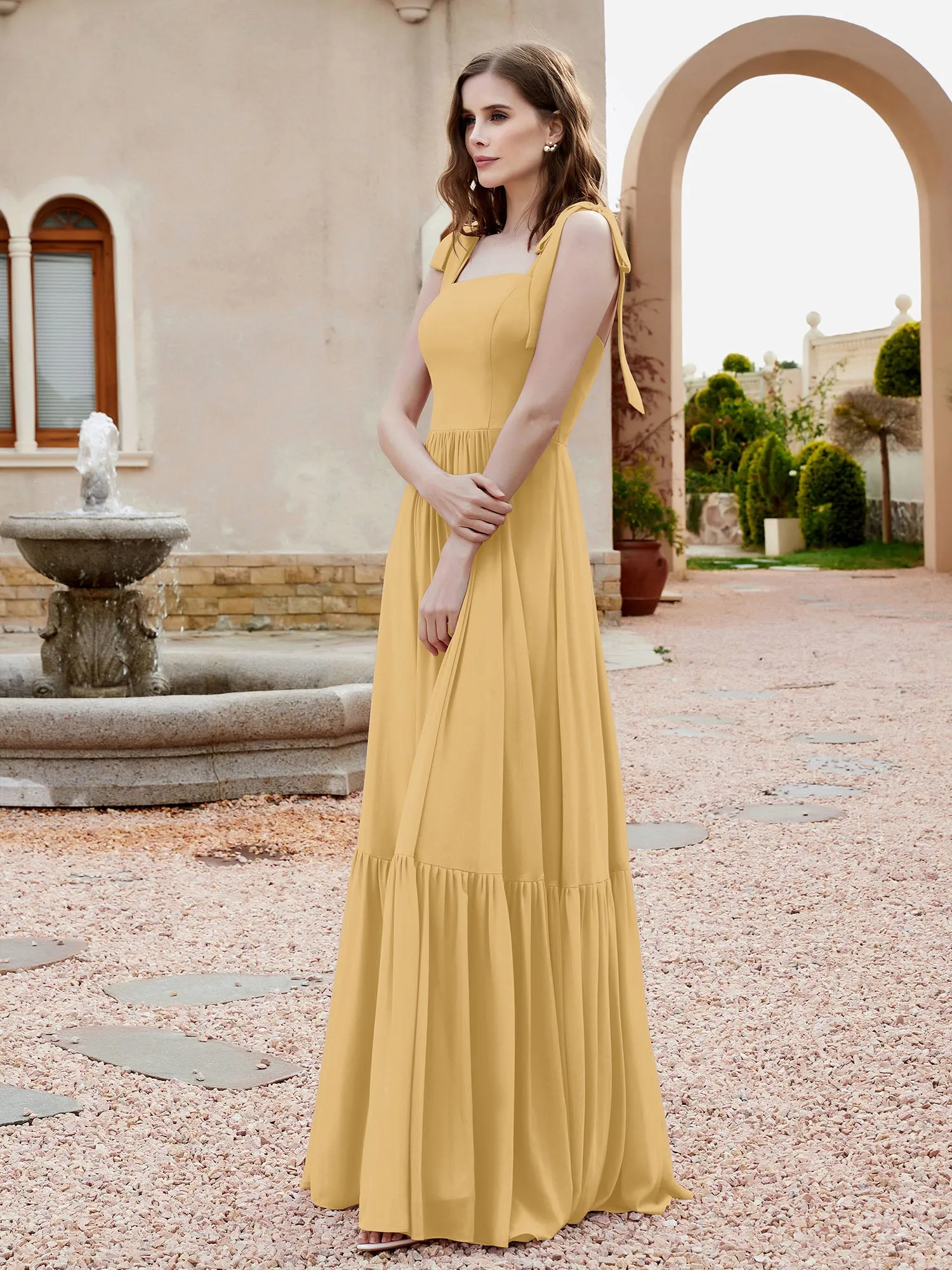 A-Line Bow Ruffle Sleeveless Chiffon Dress Gold Plus Size