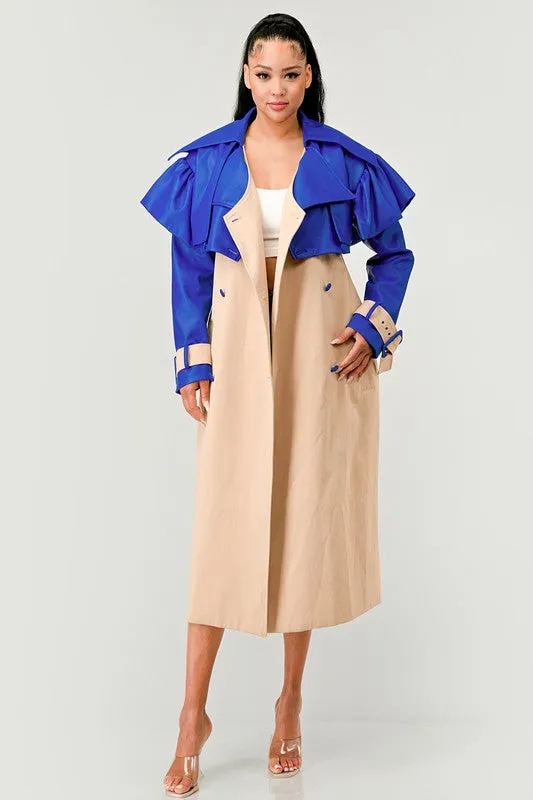 ATHINA'S Blue/Cream Damsel Autumn Chic Trench Coat