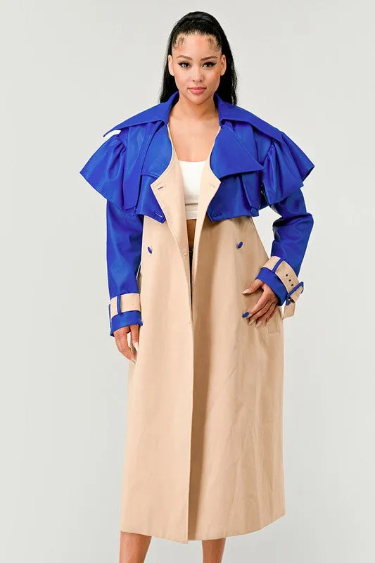 ATHINA'S Blue/Cream Damsel Autumn Chic Trench Coat