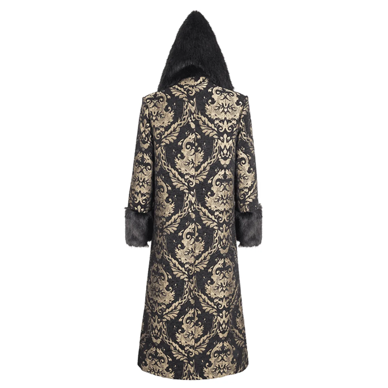 Beautiful Black & Gold Brocade Fur Trim Hooded Coat