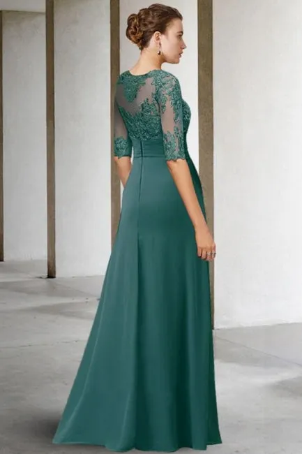 Beautiful Long Green A-line Lace Chiffon Mother of The Bride Dresses with Sleeves