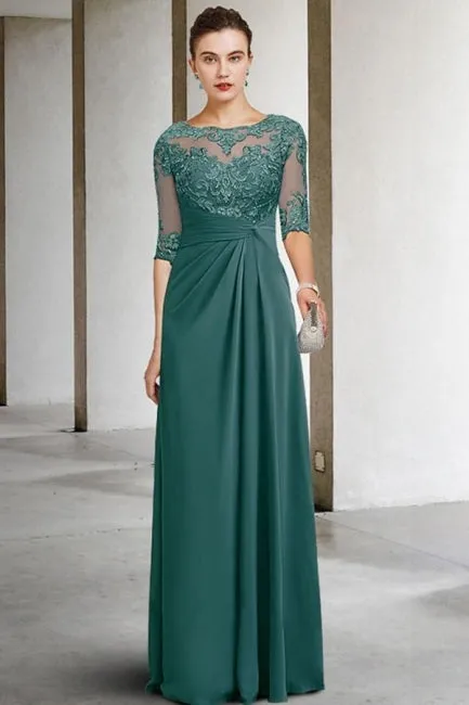 Beautiful Long Green A-line Lace Chiffon Mother of The Bride Dresses with Sleeves