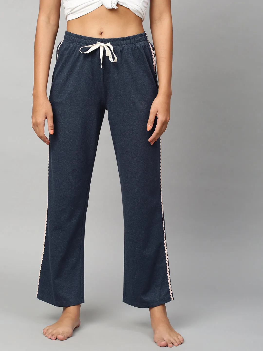 Blue Melange Lounge Pants W/ Ric Rac Detailing