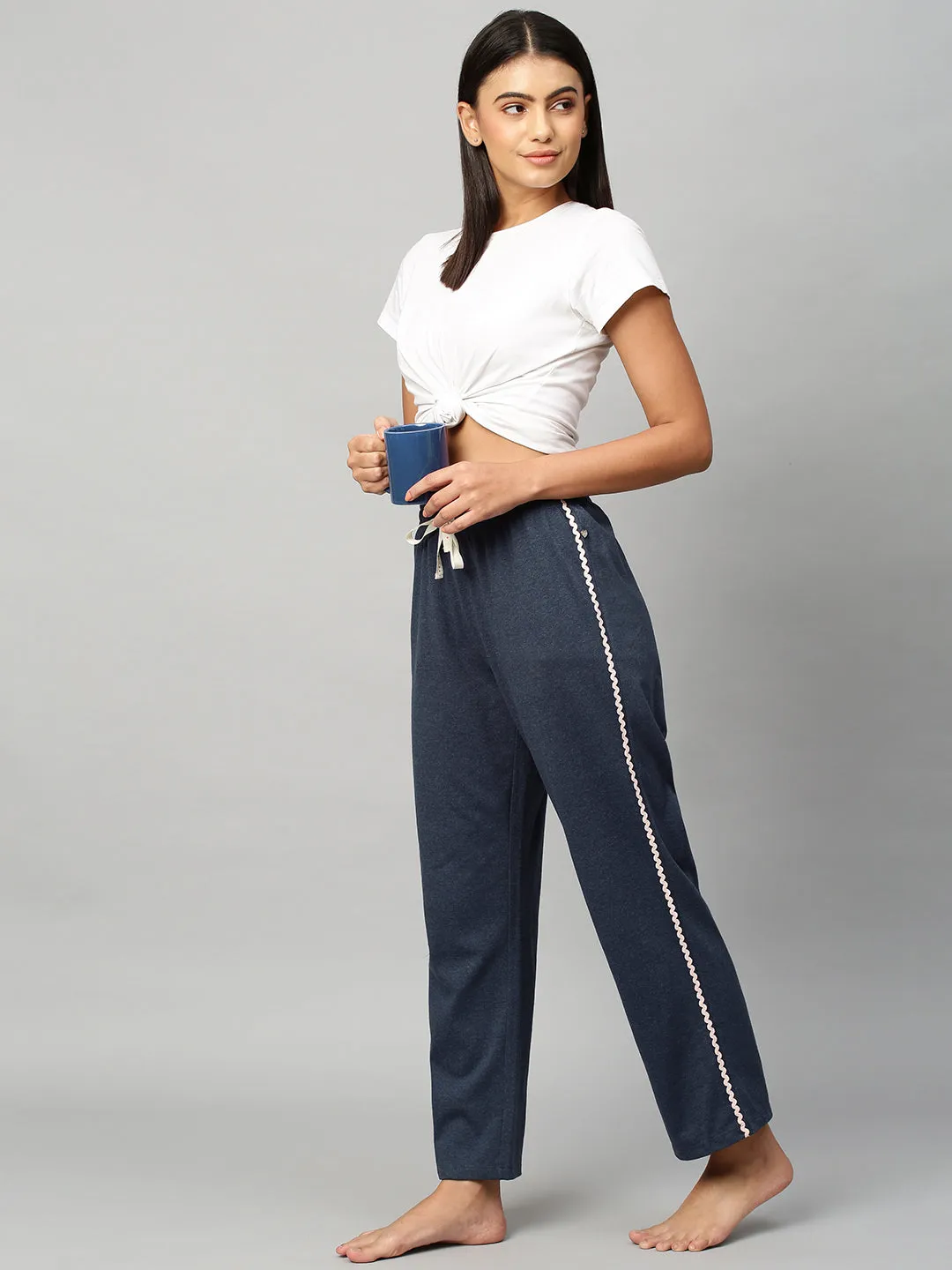 Blue Melange Lounge Pants W/ Ric Rac Detailing