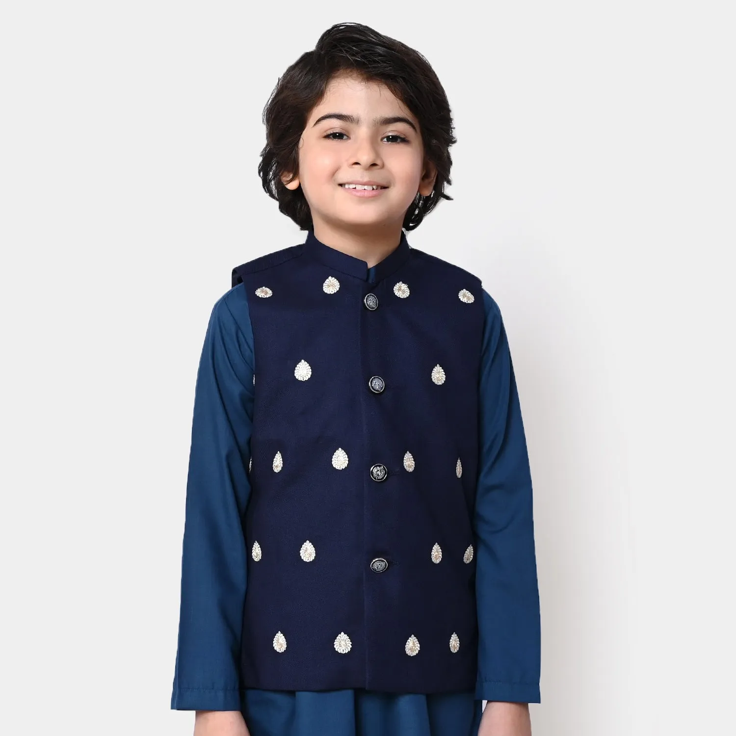 Boys Embroidered Viscose Waist Coat  - Navy Blue