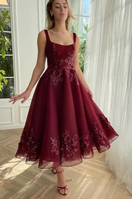 Burgundy Ankle length square neck Homecoming Dress