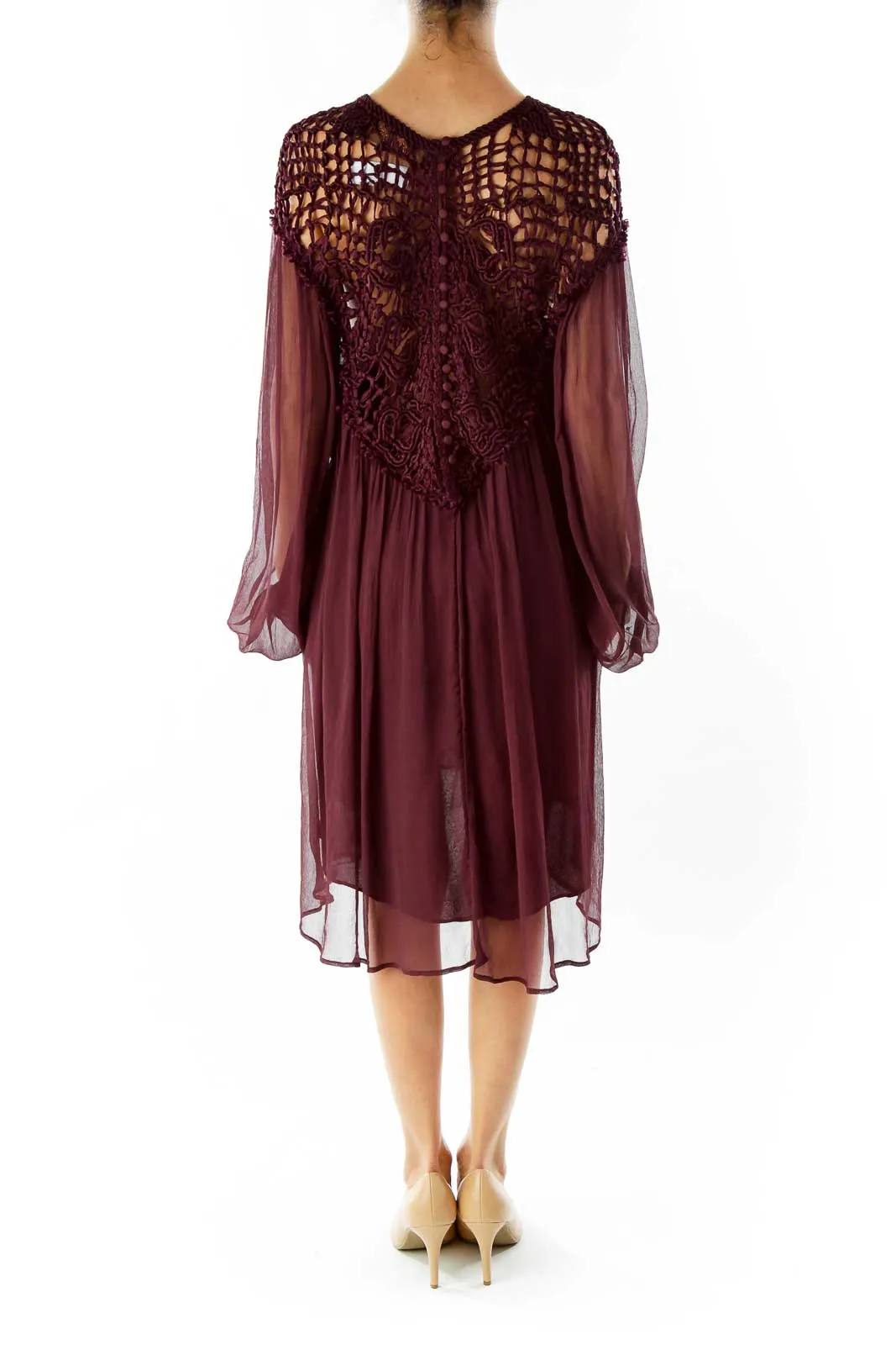 Burgundy Crochet Yoke Flowy Dress