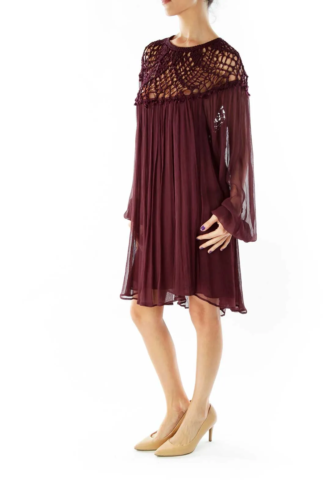 Burgundy Crochet Yoke Flowy Dress