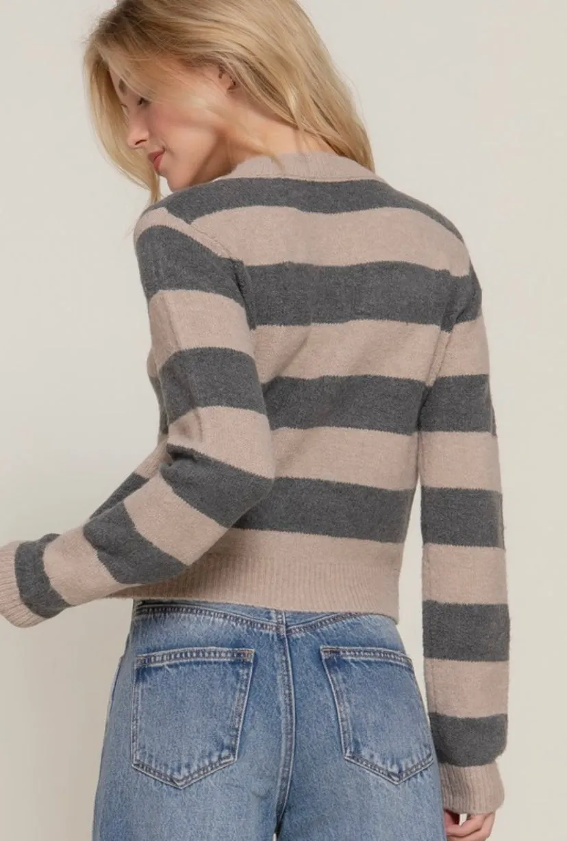 Charcoal Grey & Tan Striped Long Sleeve Crew Neck Sweater