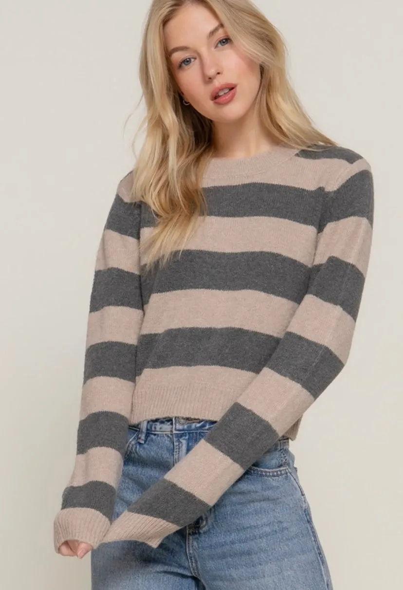 Charcoal Grey & Tan Striped Long Sleeve Crew Neck Sweater