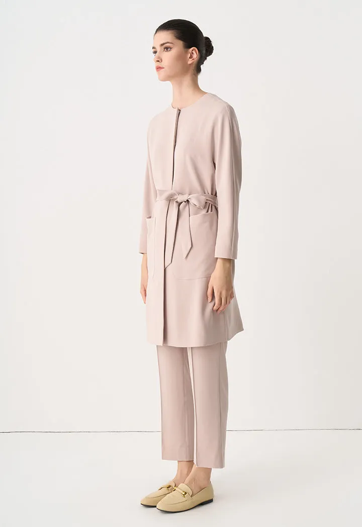 Choice Round Neck Belted Midi Jacket Taupe