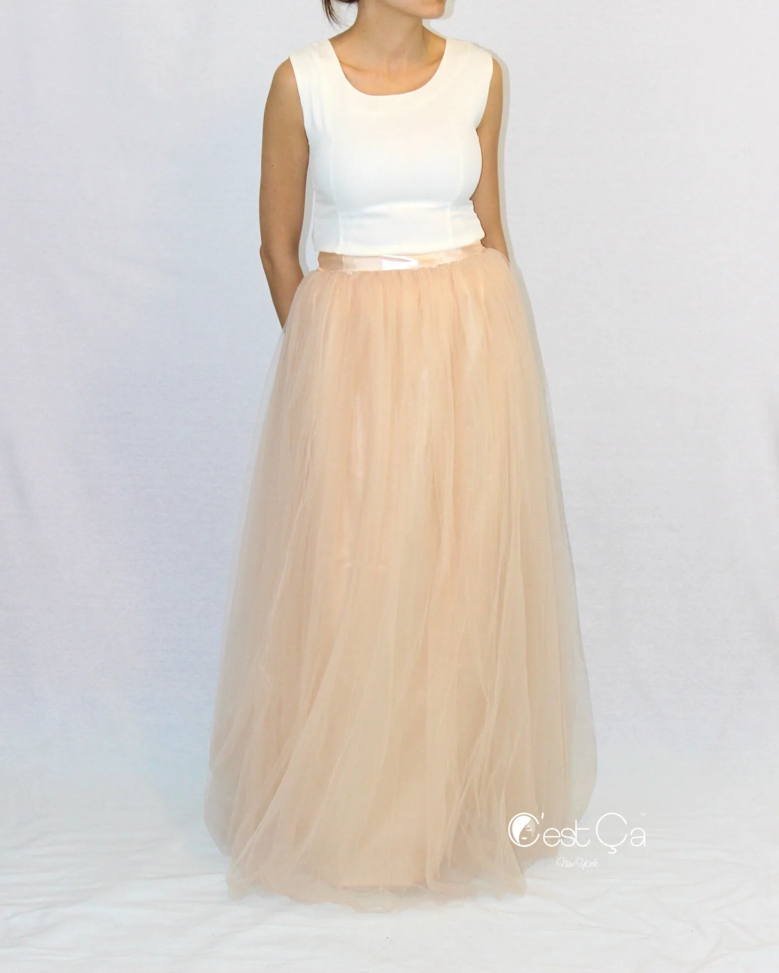 Claire Beige Soft Tulle Skirt - Maxi