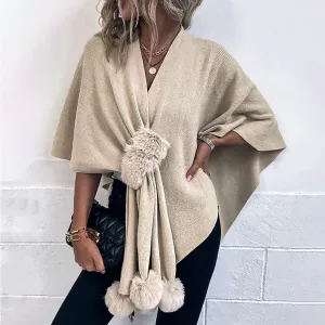 Classy Faux Fur Pom Pom Pull Through Crossover Knit Cape Cardigan