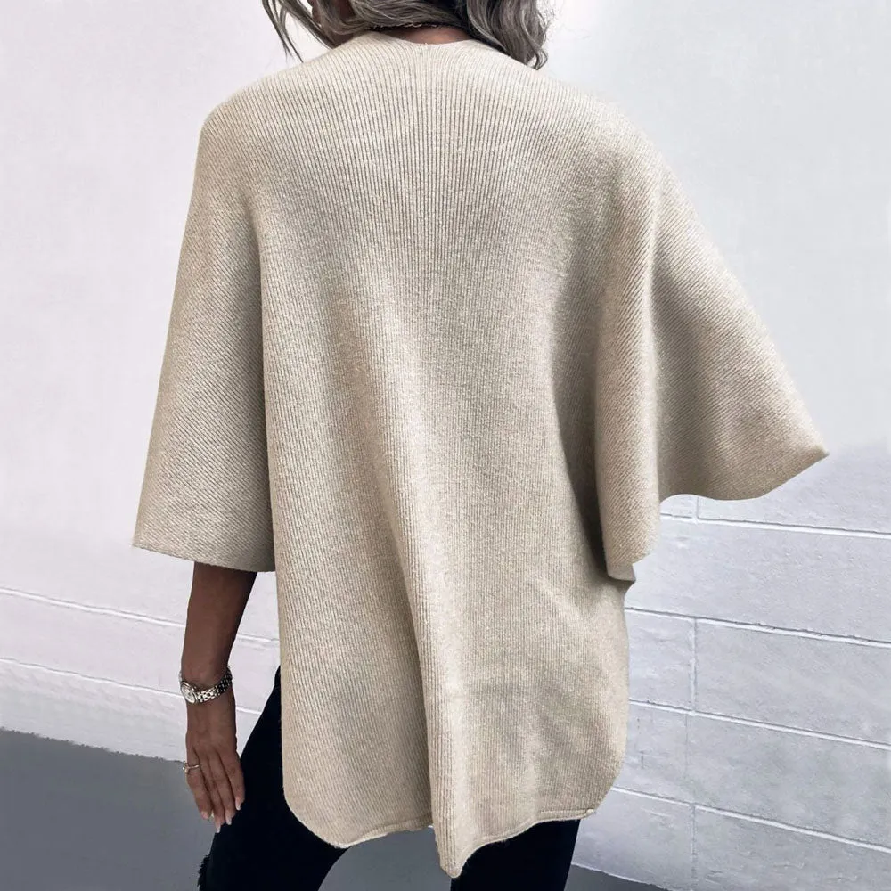 Classy Faux Fur Pom Pom Pull Through Crossover Knit Cape Cardigan