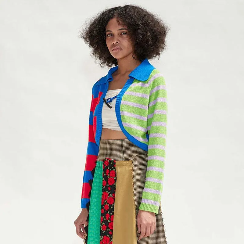 Contrast Rainbow Striped Print Folded Collar Cropped Knit Cardigan