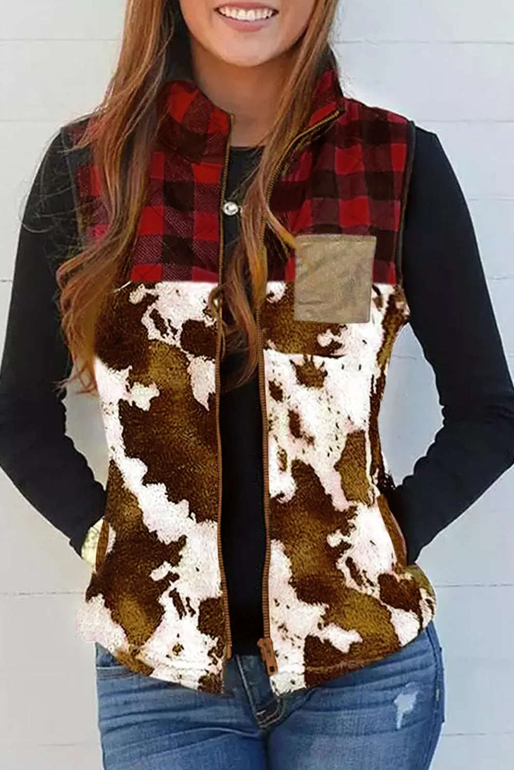 Cow Print Buffalo Plaid Pocket Vest Coat