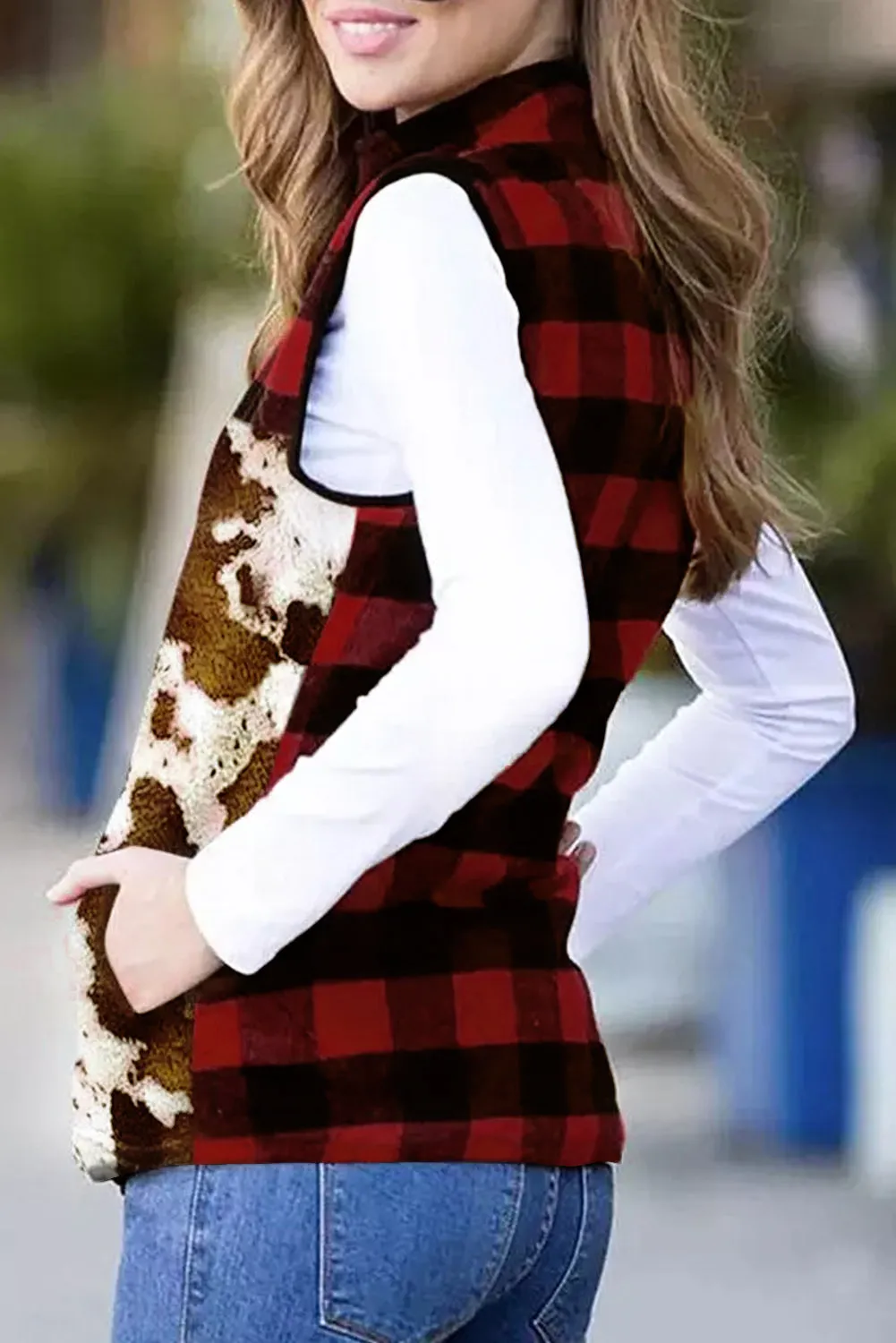 Cow Print Buffalo Plaid Pocket Vest Coat