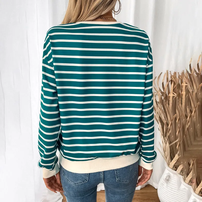 Crew Neck Pinstripe Contrasting Splicing Sleeve Loose Sports Sweater