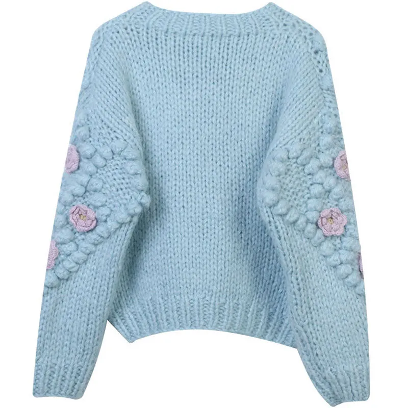 Cute Pom Pom Detail Rosette Applique Button Front Chunky Hand Knit Cardigan