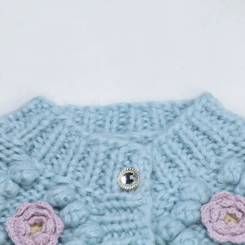 Cute Pom Pom Detail Rosette Applique Button Front Chunky Hand Knit Cardigan