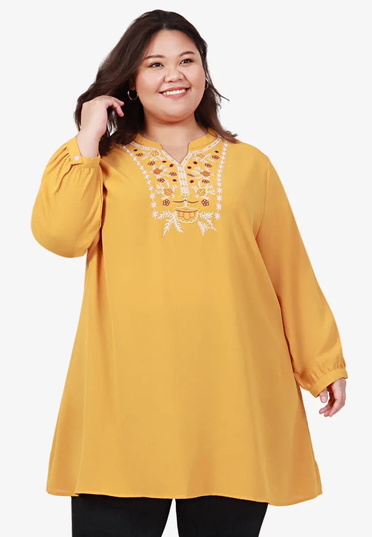 Emanie Embroidery Long Tunic Top - Yellow