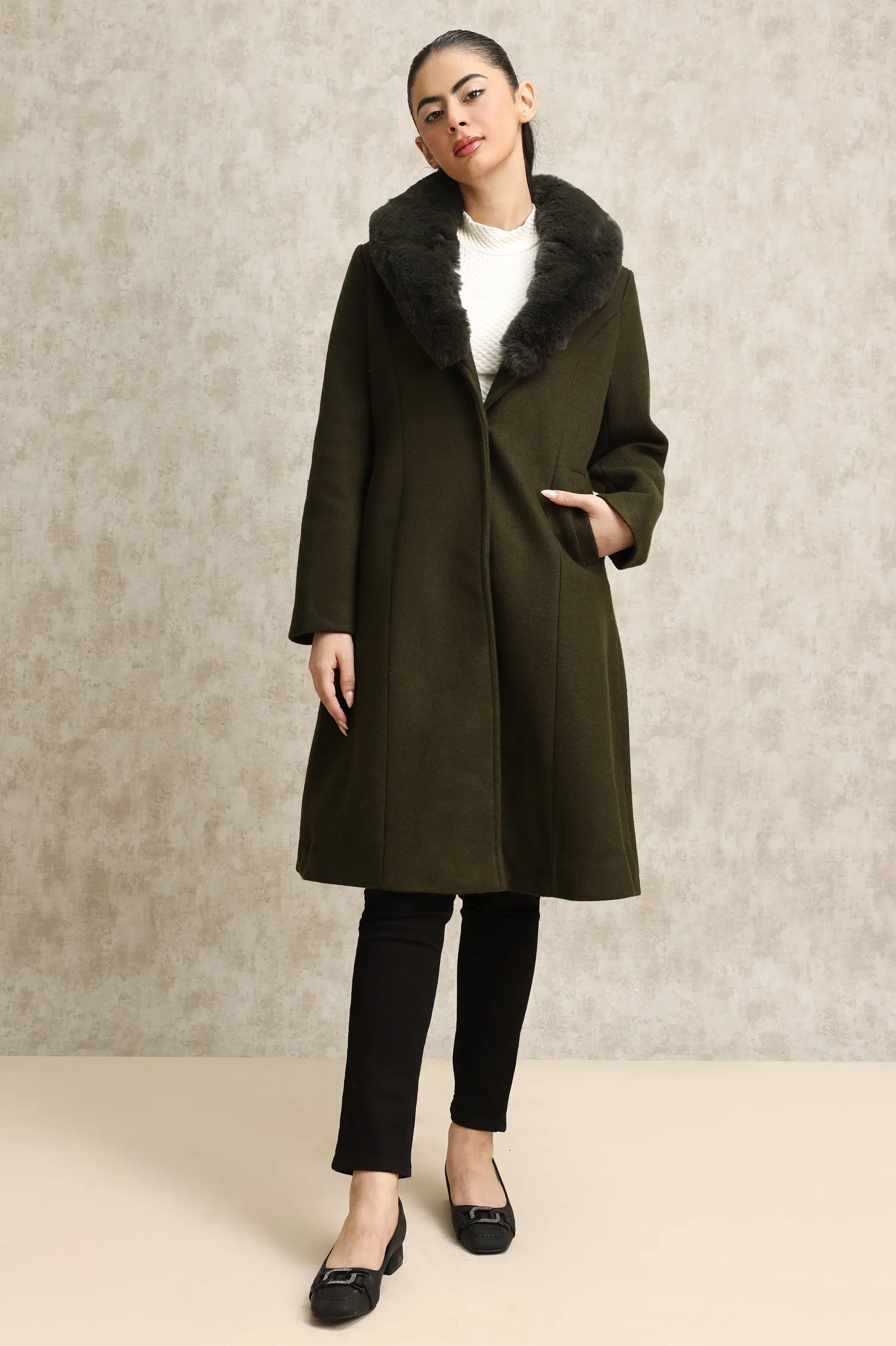 FAUX FUR COLLAR OVERCOAT-GREEN