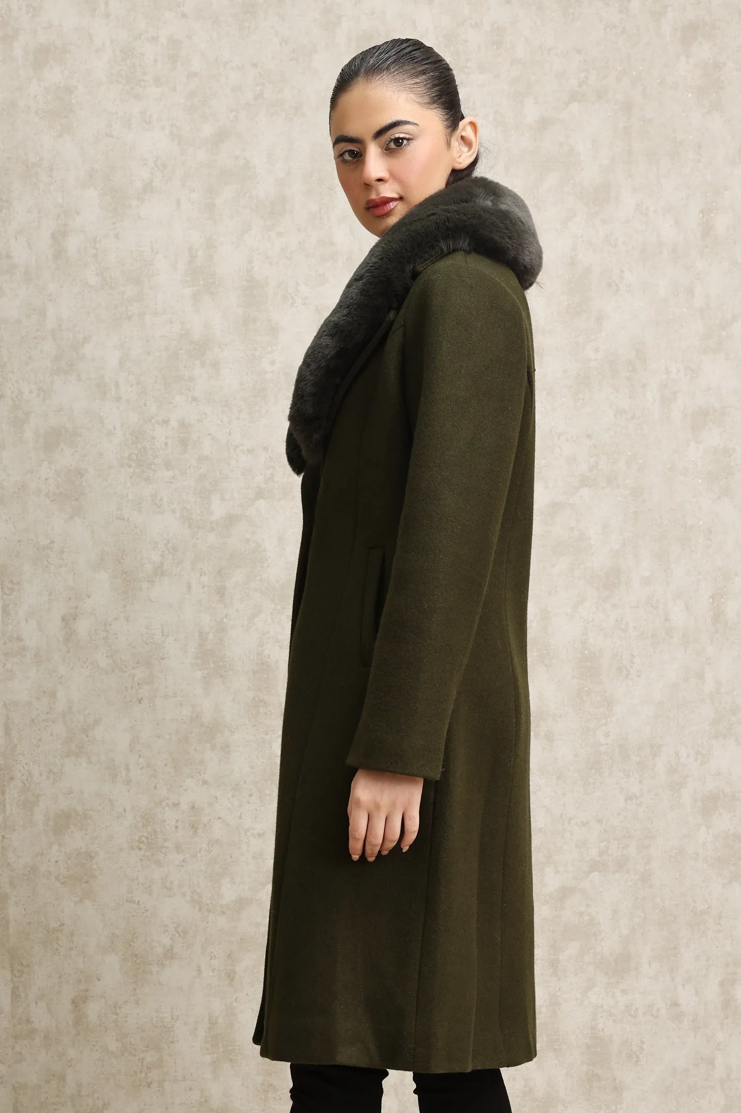 FAUX FUR COLLAR OVERCOAT-GREEN