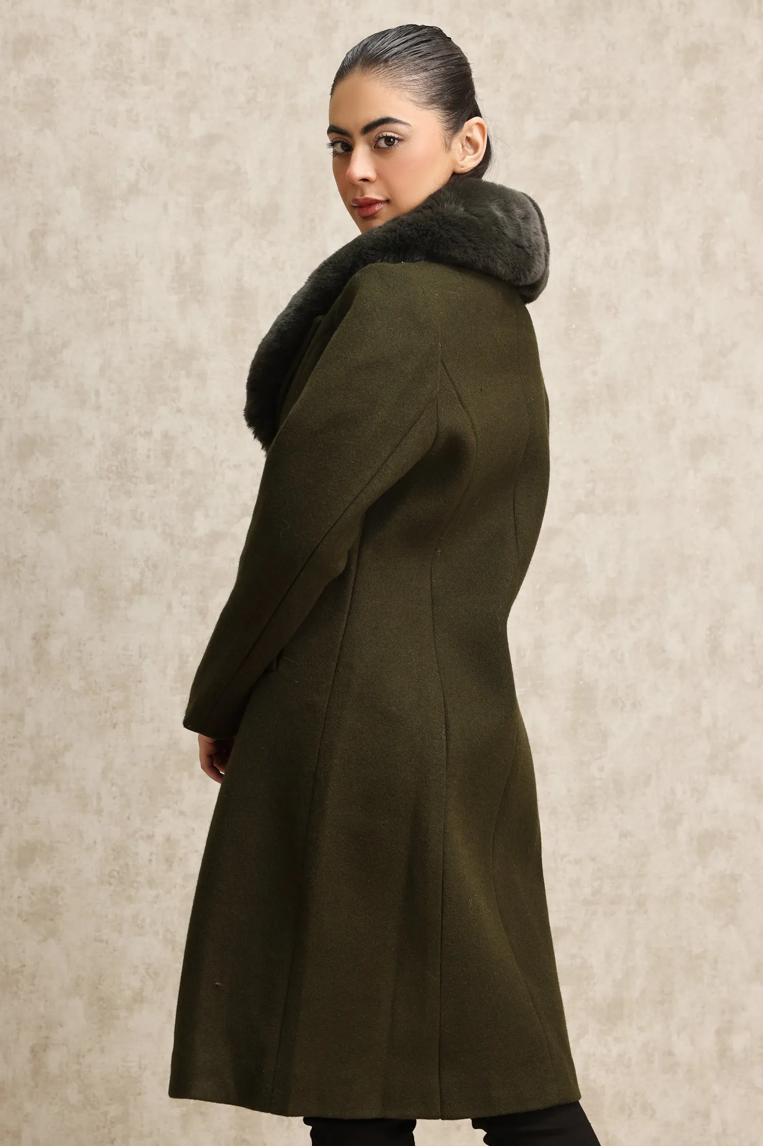 FAUX FUR COLLAR OVERCOAT-GREEN