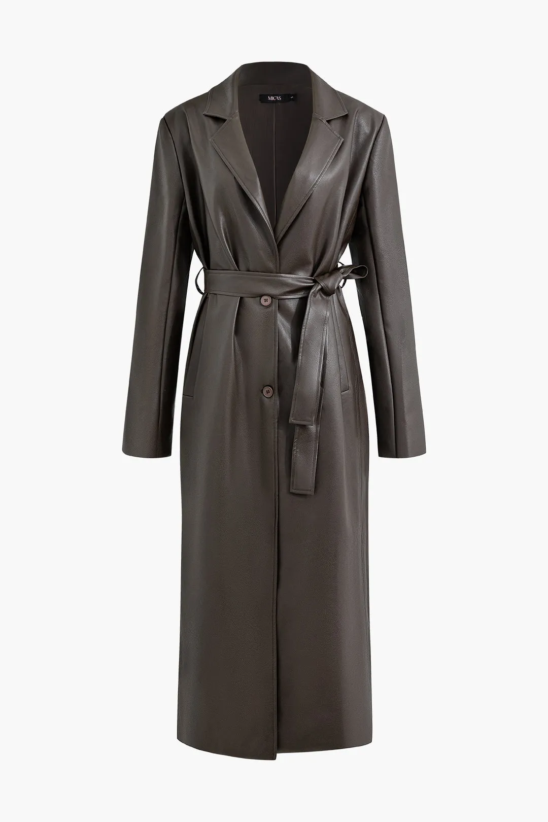 Faux Leather Notched Lapel Belted Trench Coat