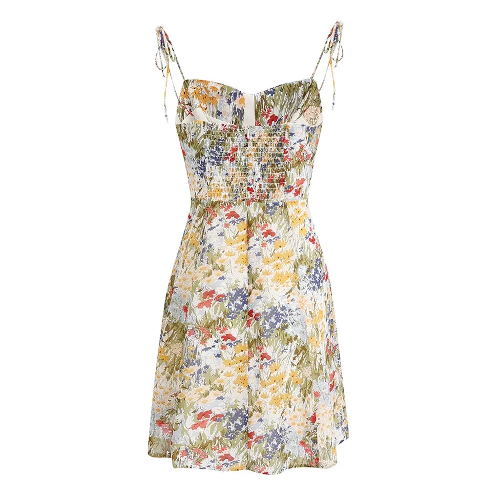 Flowy Sweetheart Neck Tie Strap Sleeveless Chiffon Mini Floral Print Sundress