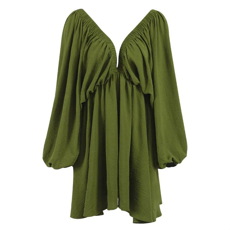 Flowy Textured Ruched Ruffle Deep V Butterfly Sleeve Mini Dress - Green