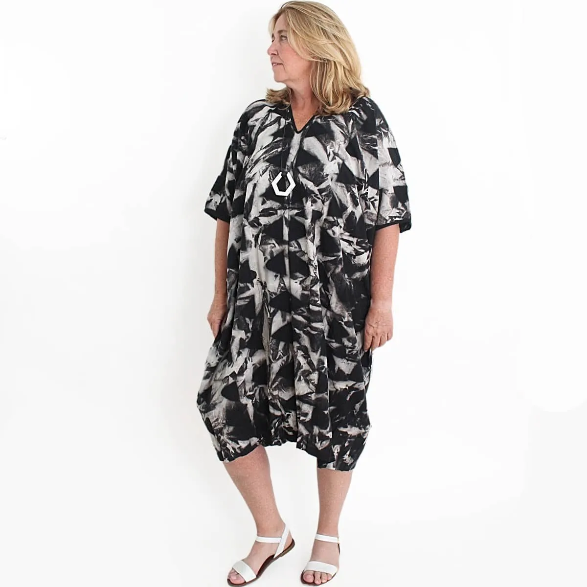 Gray V Neck Hand Dyed Caftan