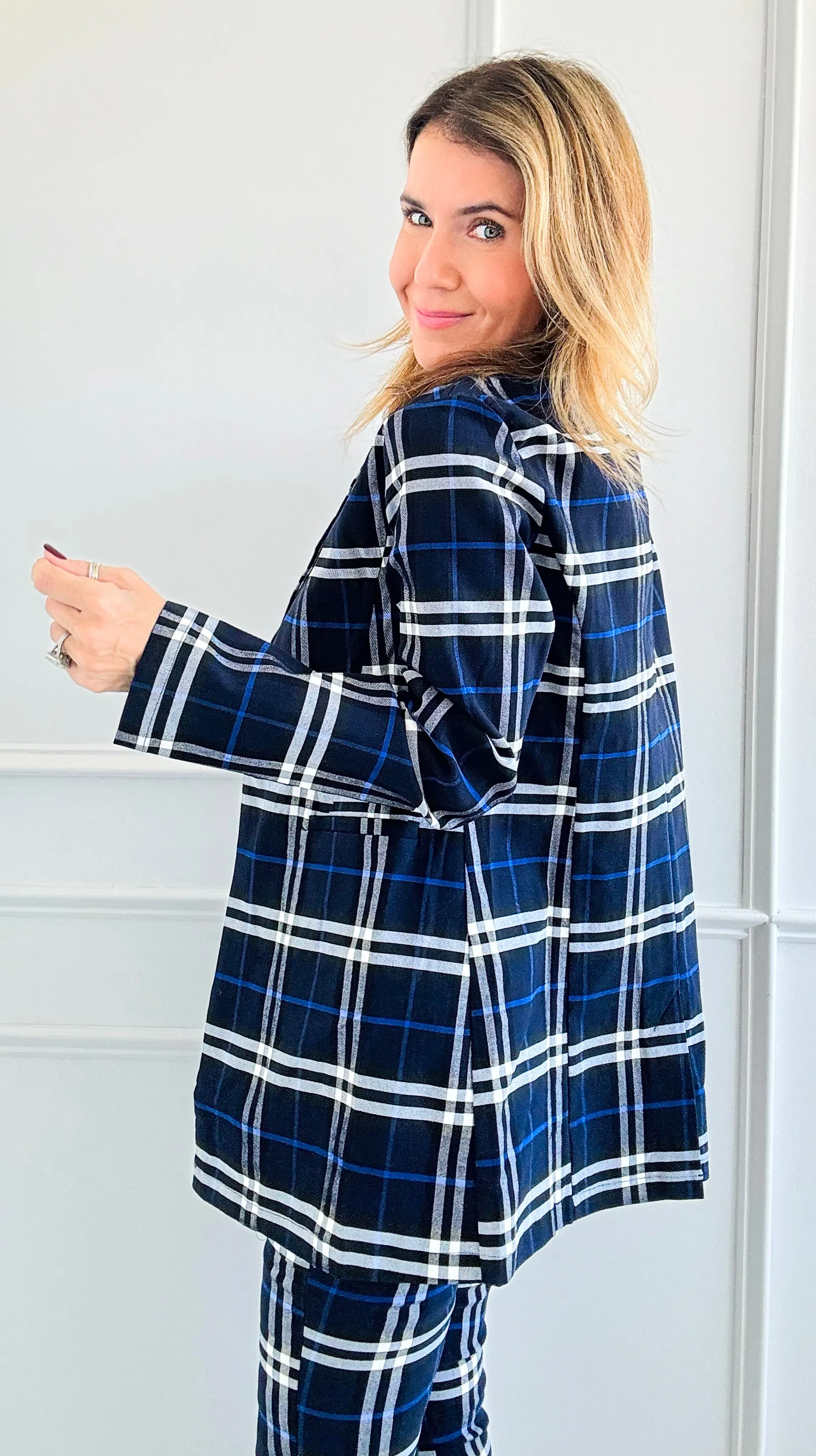 Heritage Plaid Long Blazer - Navy