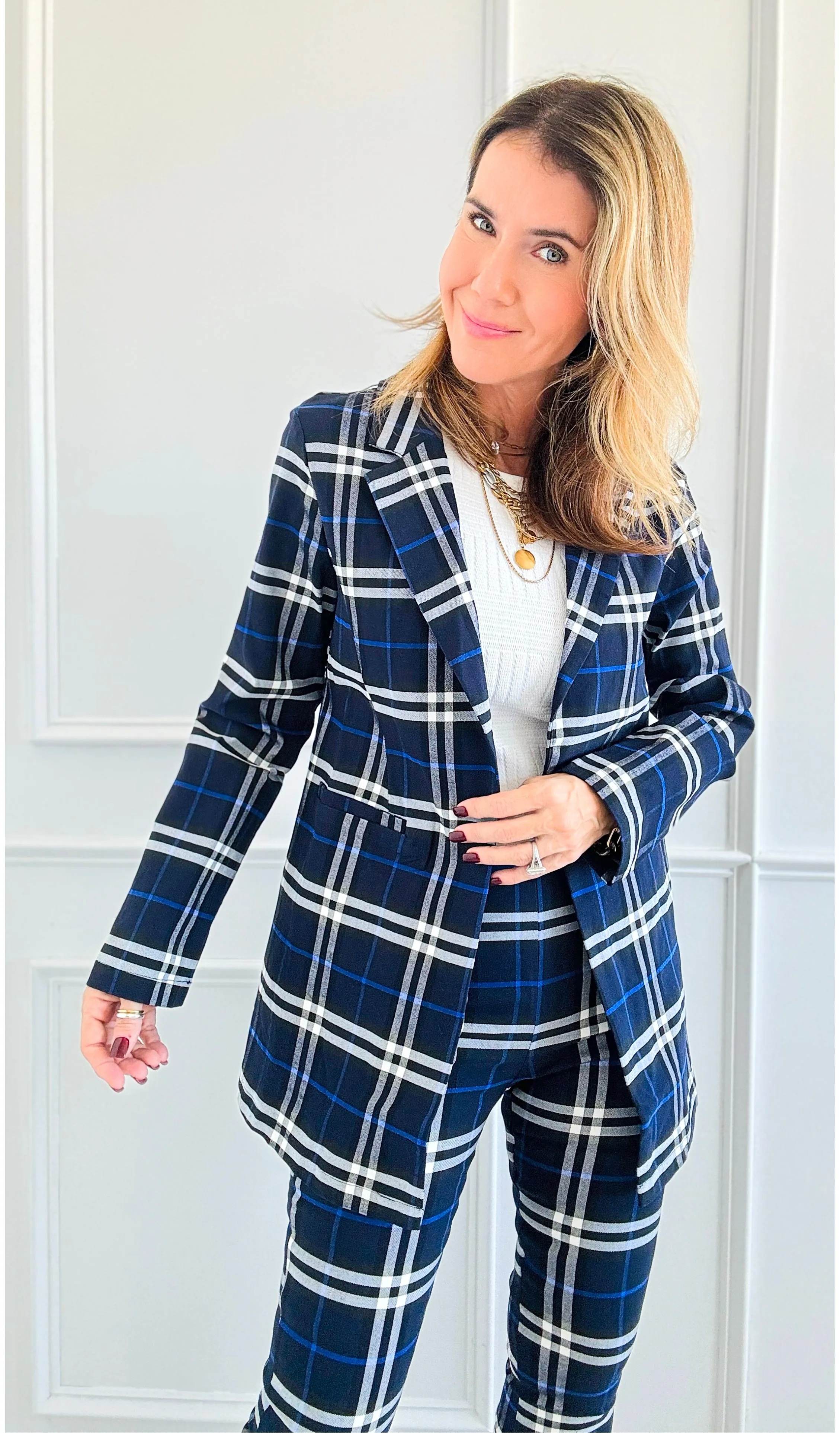 Heritage Plaid Long Blazer - Navy