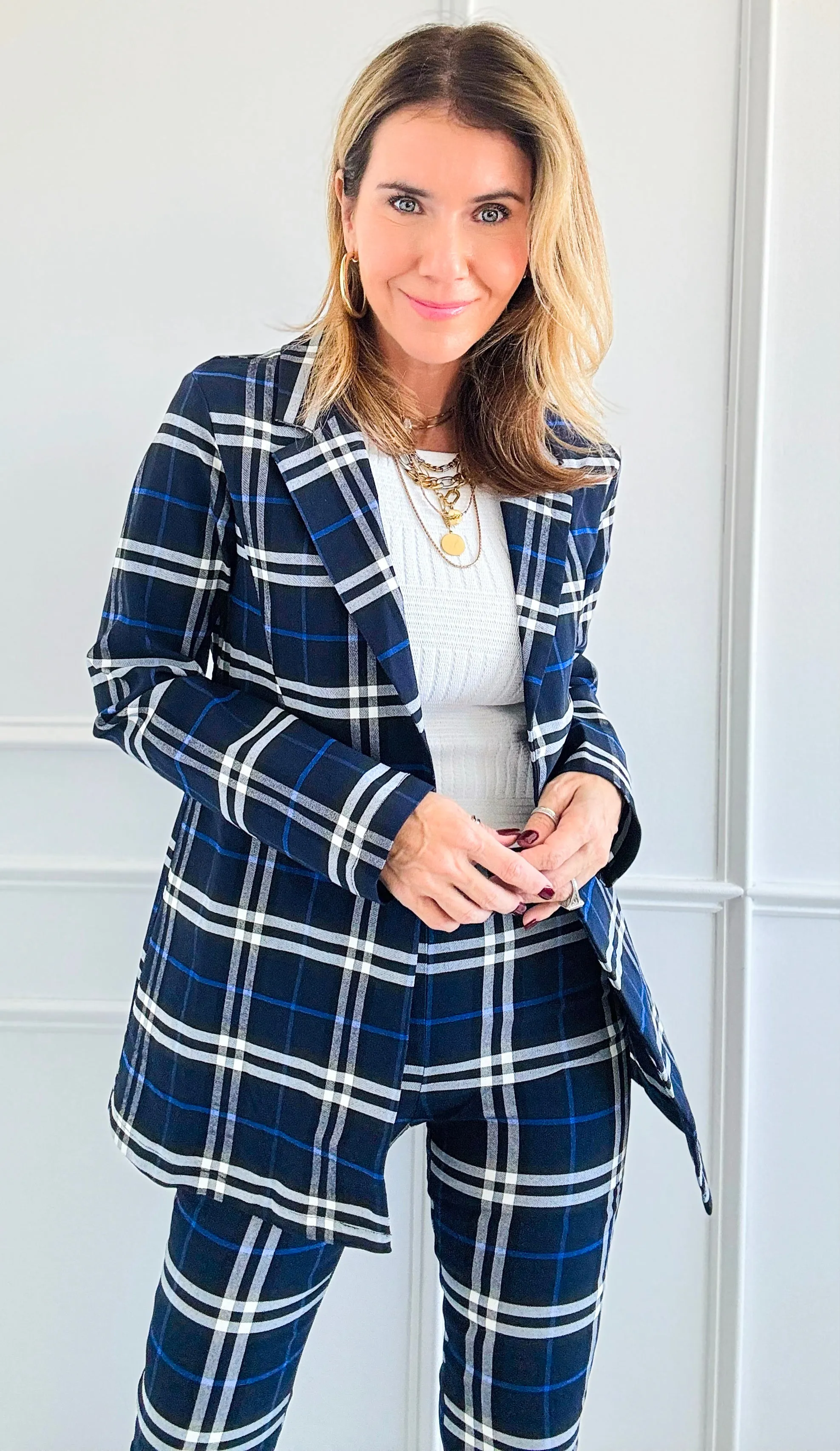 Heritage Plaid Long Blazer - Navy