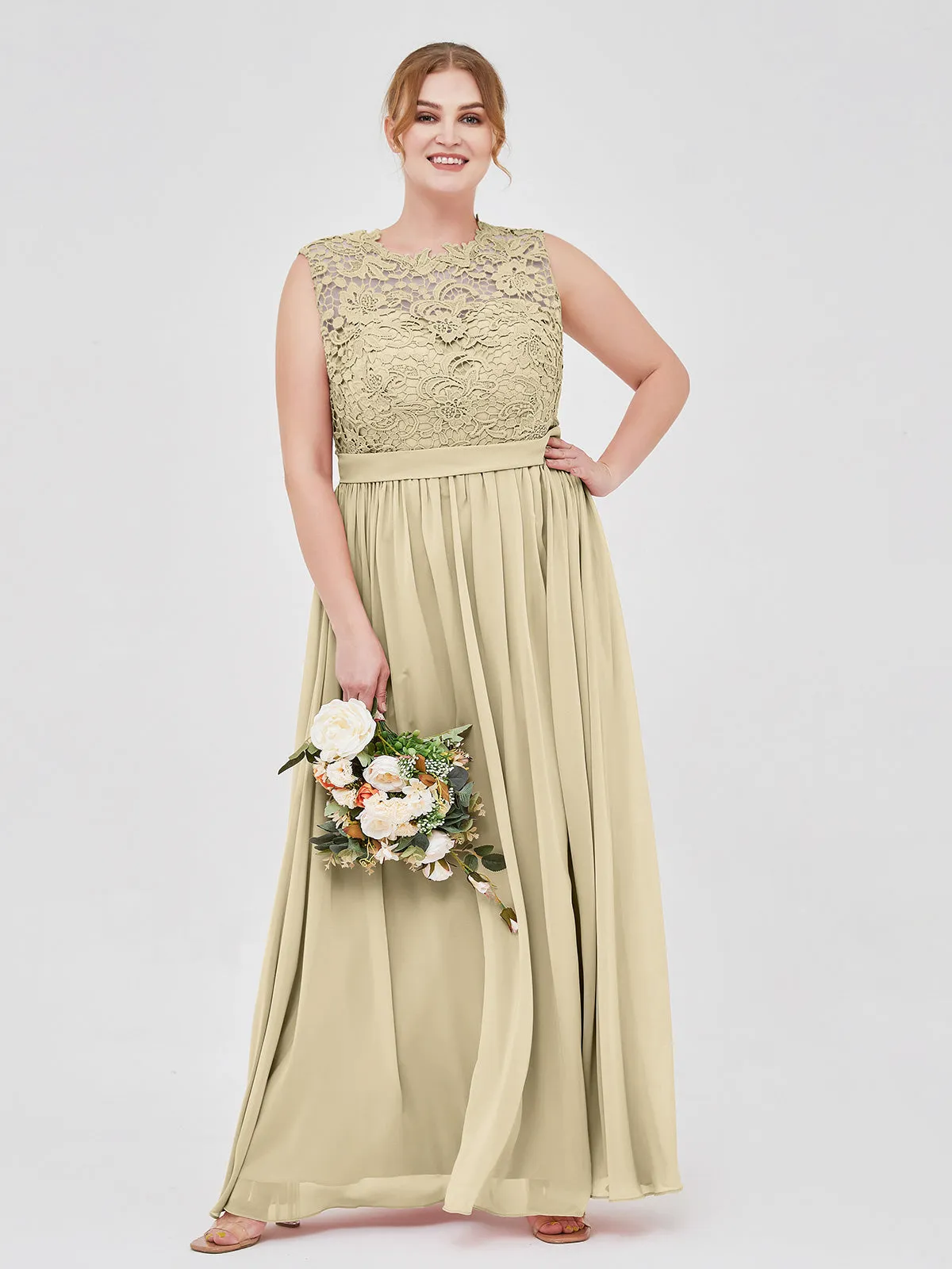 Illusion Neck Chiffon and Lace Dresses Champagne