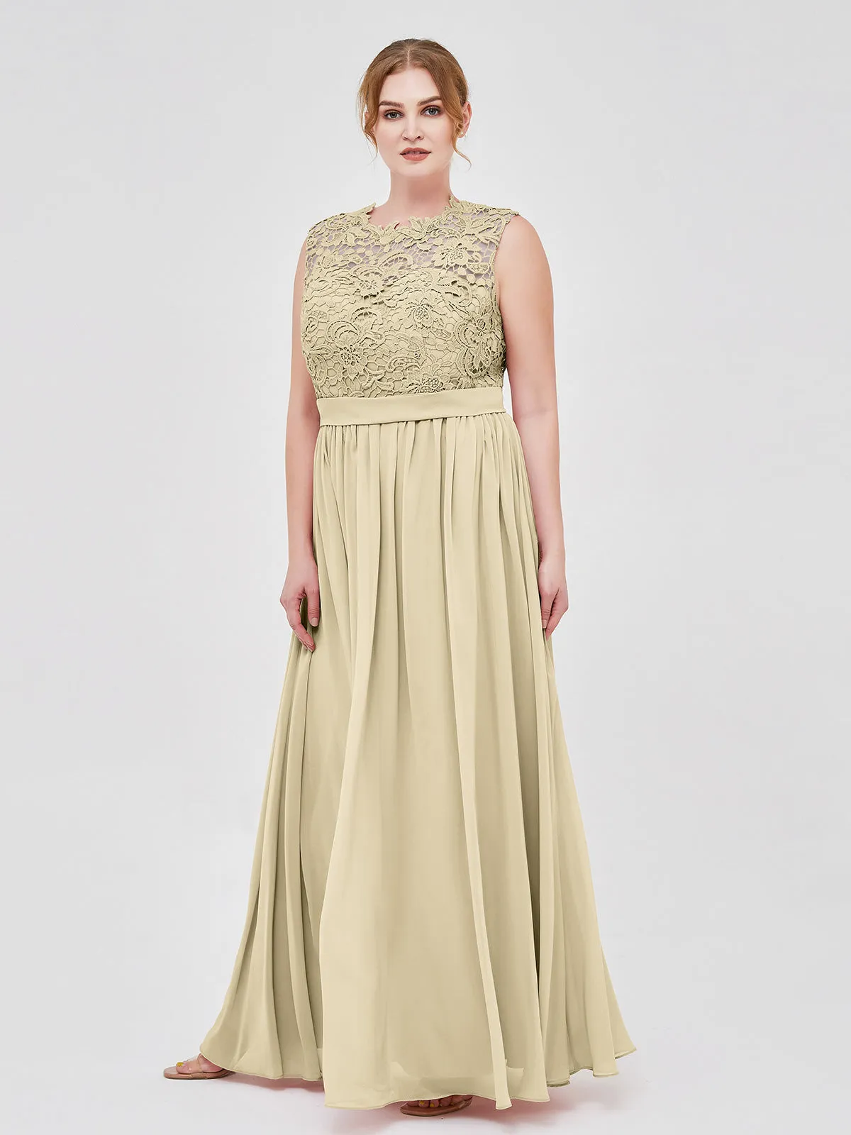 Illusion Neck Chiffon and Lace Dresses Champagne