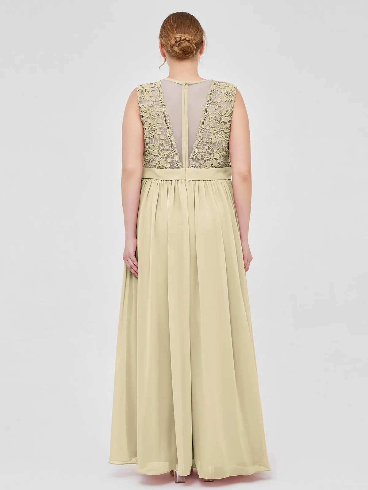 Illusion Neck Chiffon and Lace Dresses Champagne