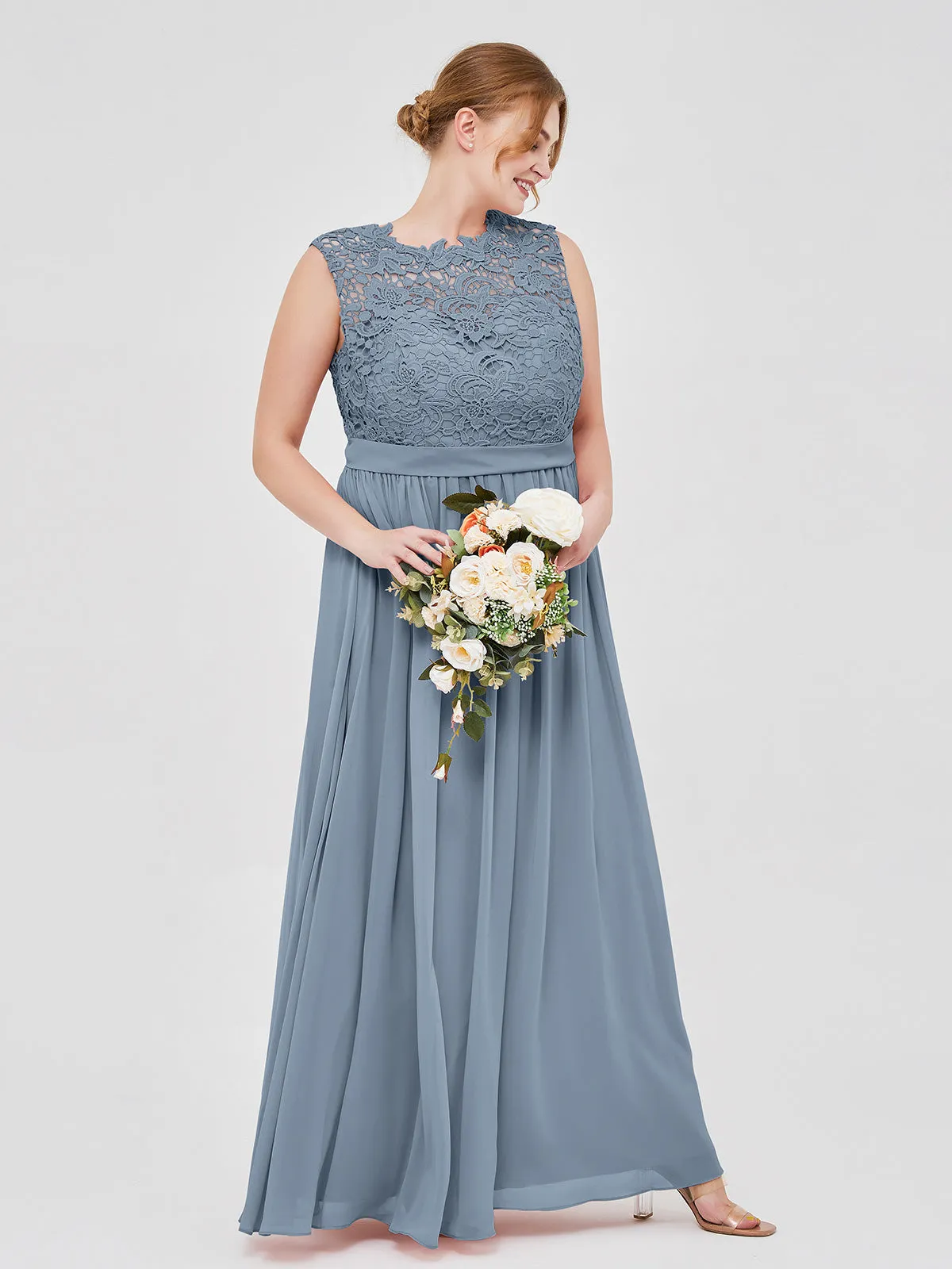 Illusion Neck Chiffon and Lace Dresses Dusty Blue