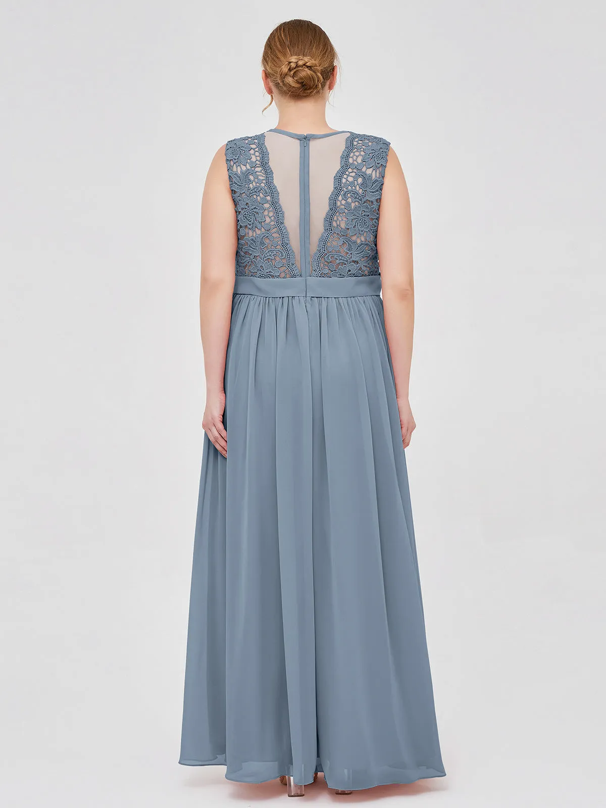 Illusion Neck Chiffon and Lace Dresses Dusty Blue