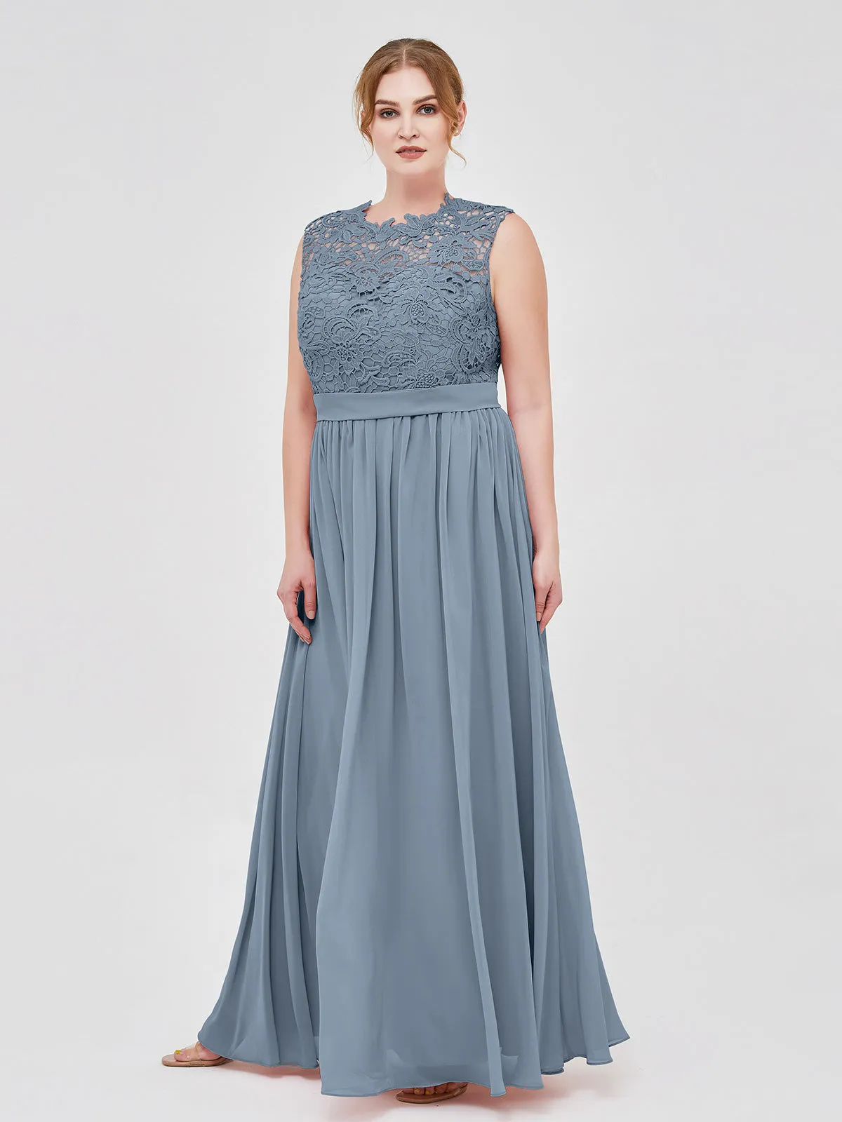 Illusion Neck Chiffon and Lace Dresses Dusty Blue