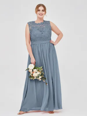 Illusion Neck Chiffon and Lace Dresses Dusty Blue