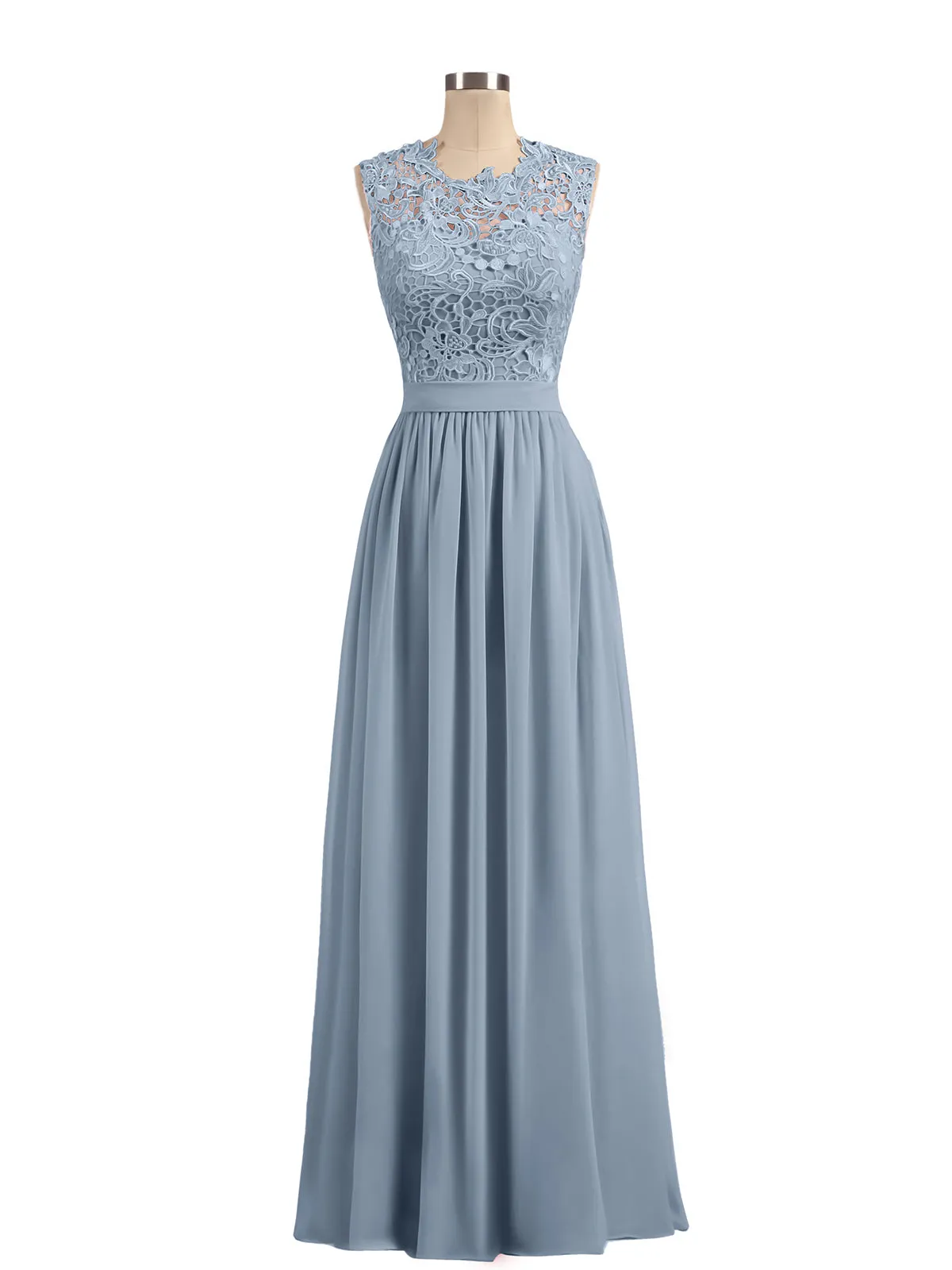 Illusion Neck Chiffon and Lace Dresses Dusty Blue