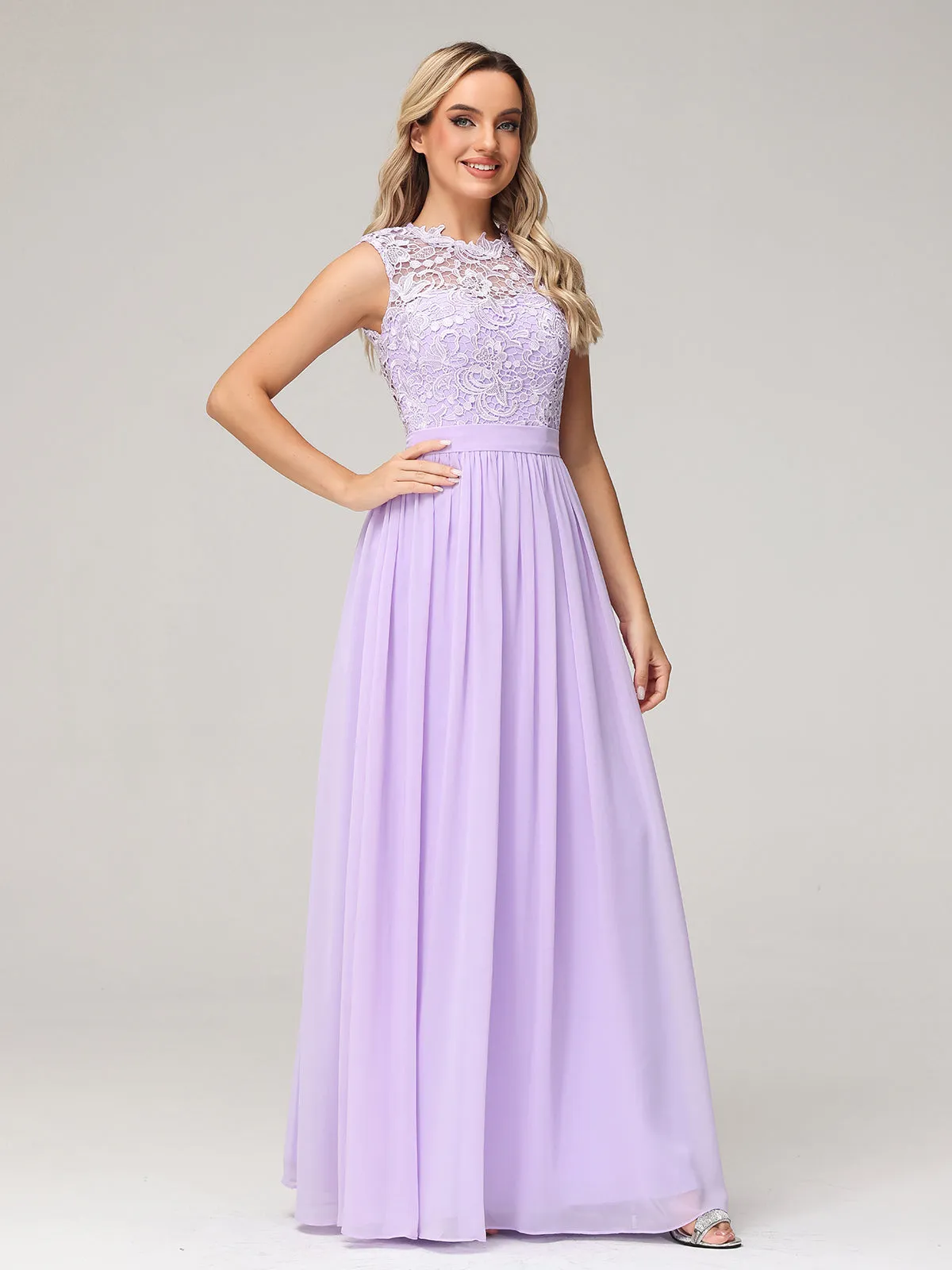 Illusion Neck Chiffon and Lace Dresses Lilac