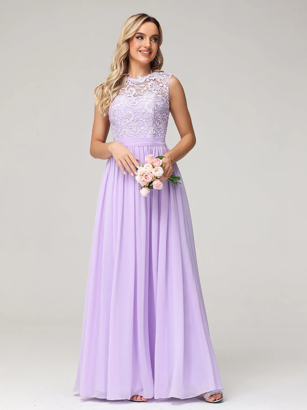 Illusion Neck Chiffon and Lace Dresses Lilac