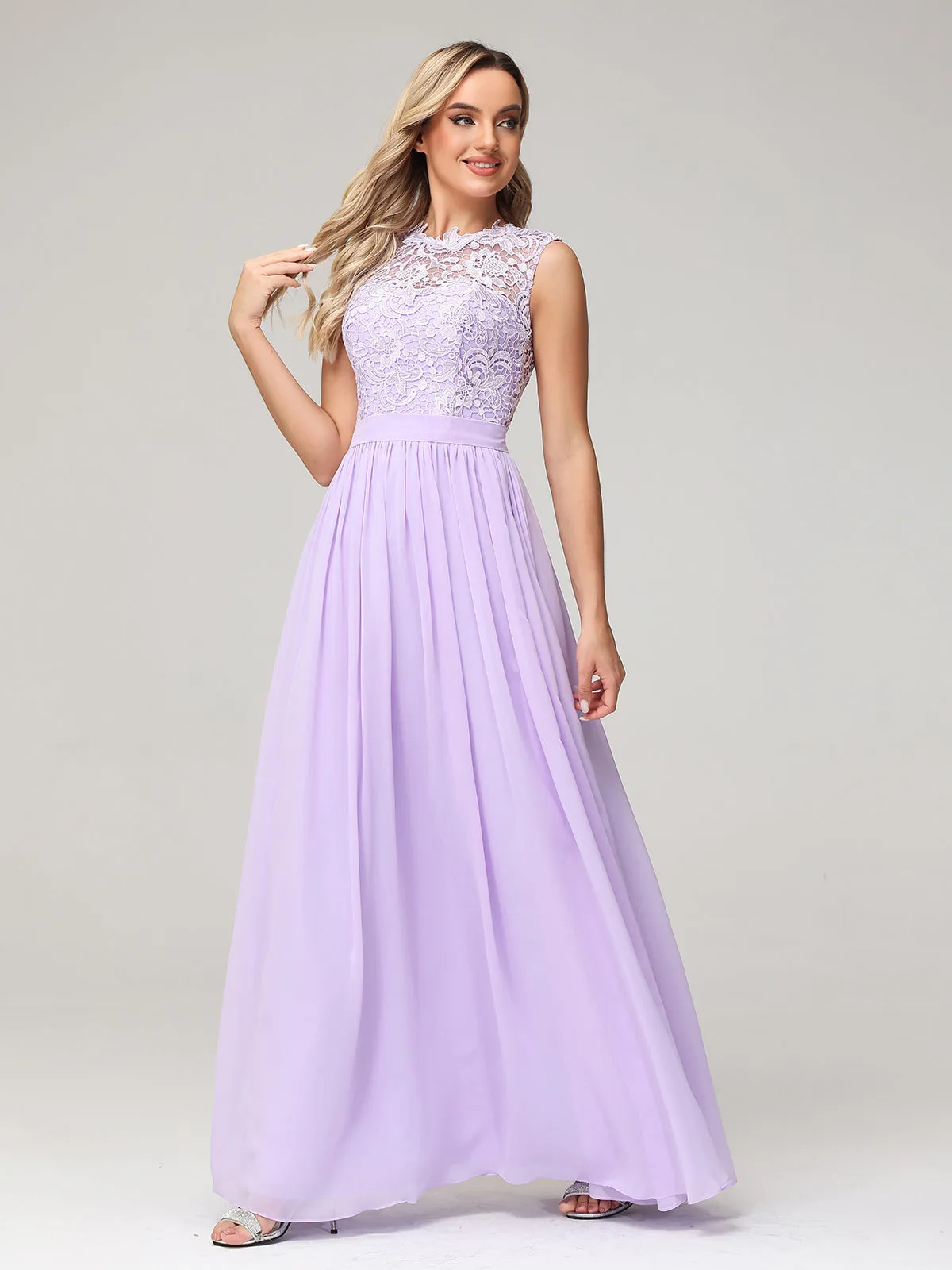 Illusion Neck Chiffon and Lace Dresses Lilac