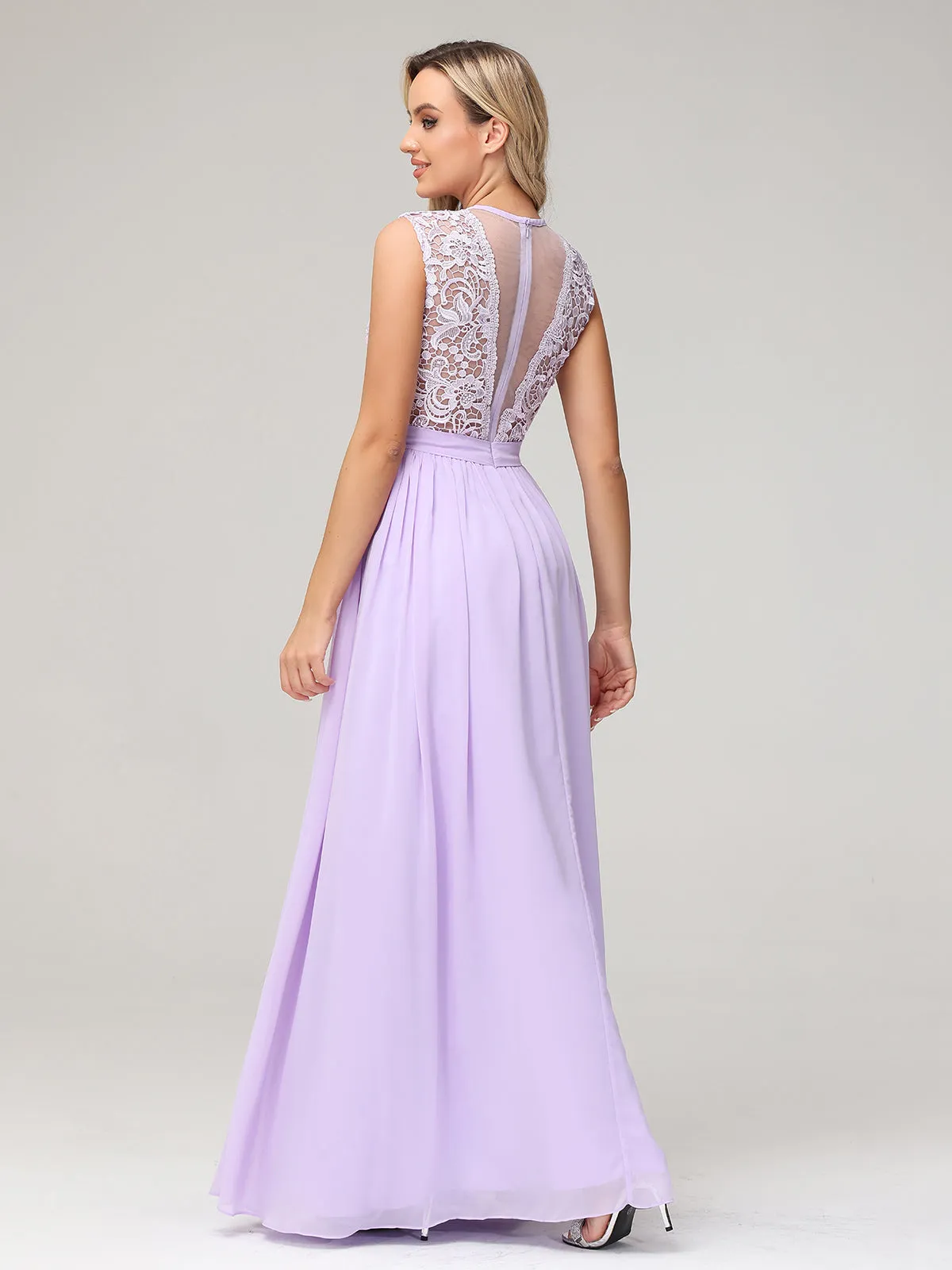 Illusion Neck Chiffon and Lace Dresses Lilac