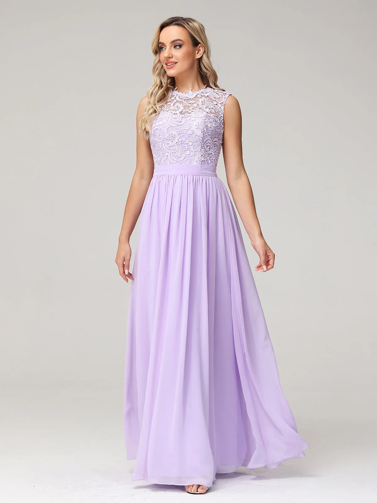 Illusion Neck Chiffon and Lace Dresses Lilac