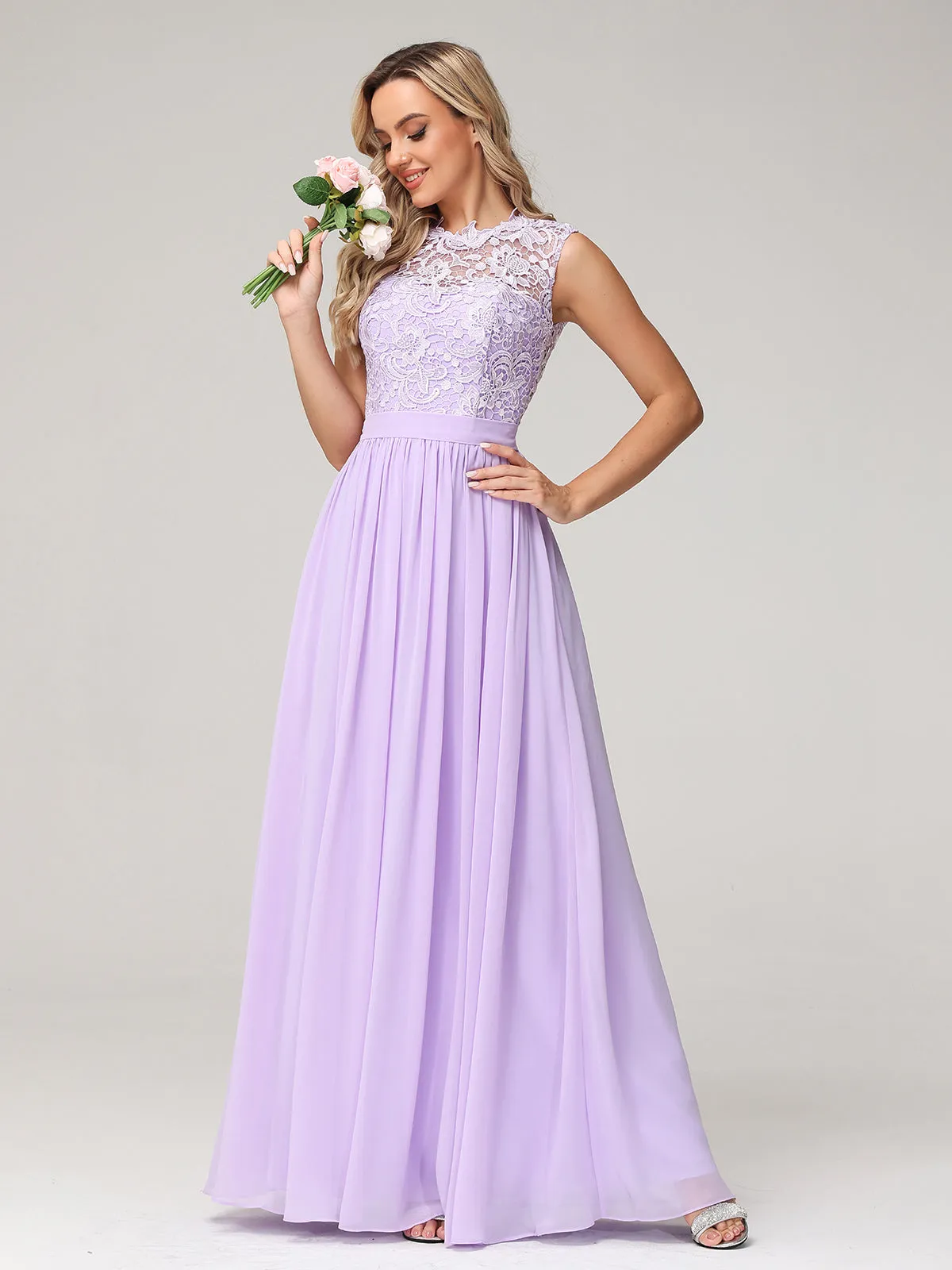 Illusion Neck Chiffon and Lace Dresses Lilac